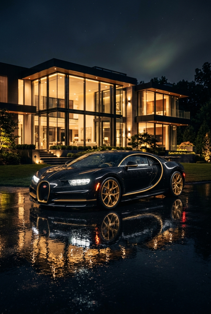 Black luxury supercar with gold accents at a modern mansion